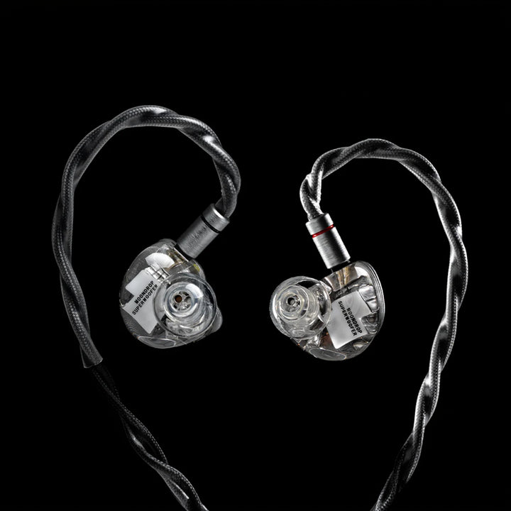 Moondrop Armature Art 24 iems rear view attached to cable floating black background