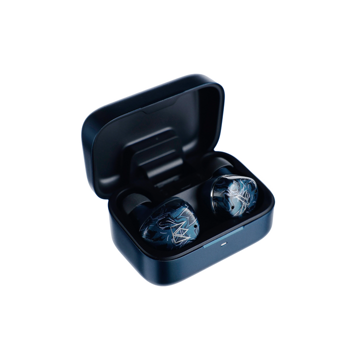 Noble Audio Osprey earphones sitting in charging case front left 3 quarter angle whitebox