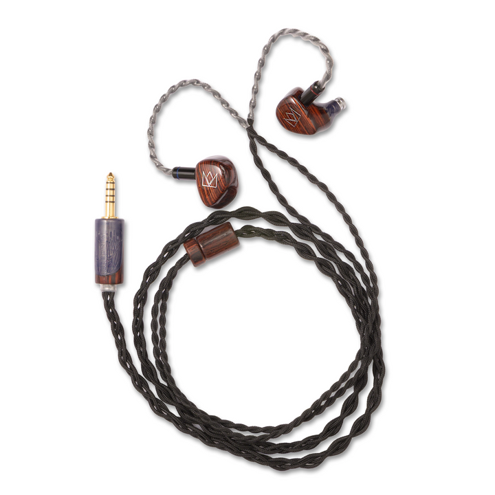 Noble Audio Lu Ban IEMs attached to cable Birds Eye view whitebox