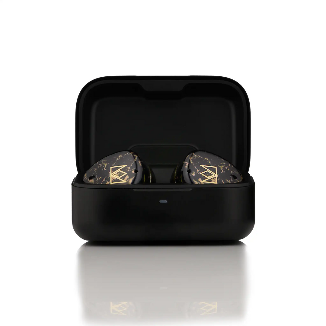 Noble Audio FoKus Rex5 tws earphones in black sitting in charging case center front view whitebox