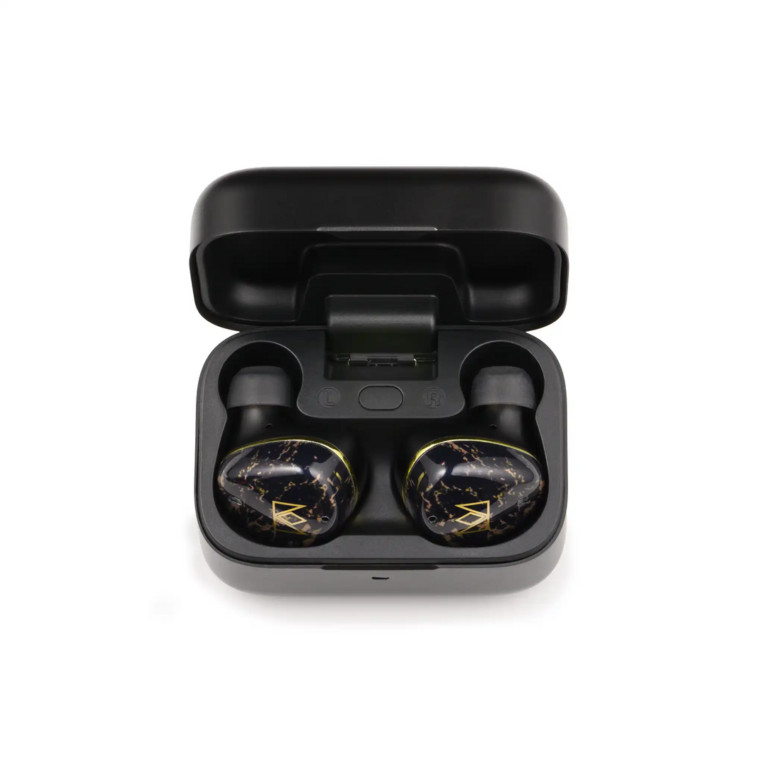 Noble Audio FoKus Rex5 tws earphones in black sitting in charging case center birdseye view whitebox