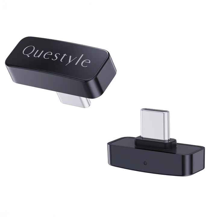 Questyle QCC Dongle Pro x2 sitting front right 3 quarter angle and floating upside down diagonally whitebox