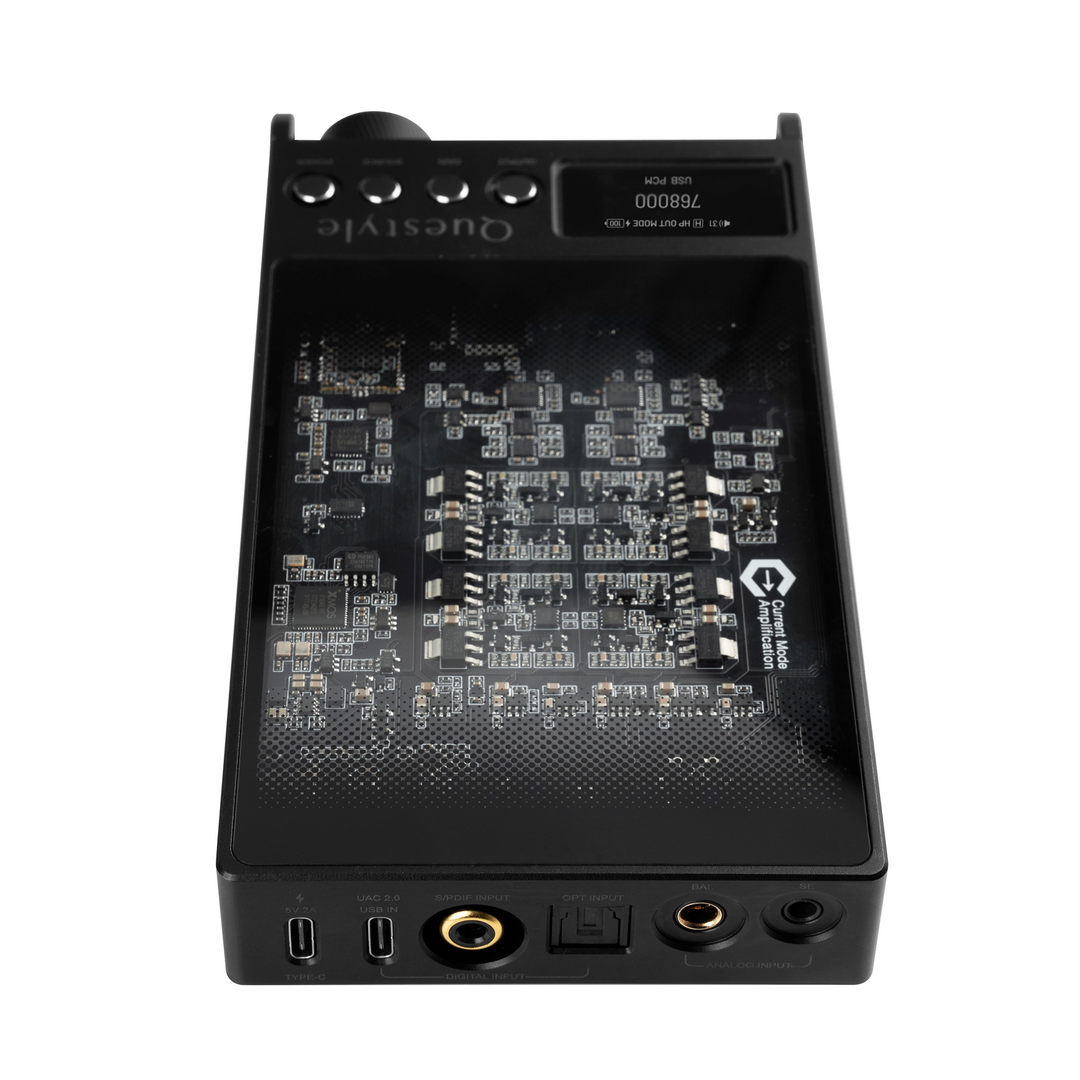 Questyle Sigma Pro DAC/amp in black lying down top view whitebox
