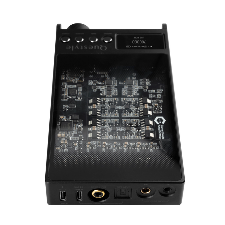 Questyle Sigma Pro DAC/amp in black lying down top view whitebox