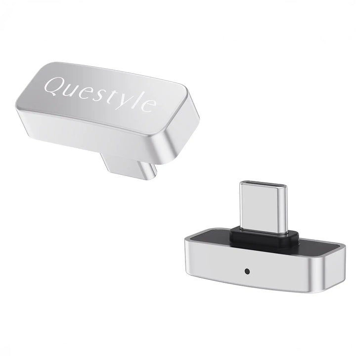 Questyle QCC Dongle sitting front right 3 quarter angle and floating upside down diagonally whitebox
