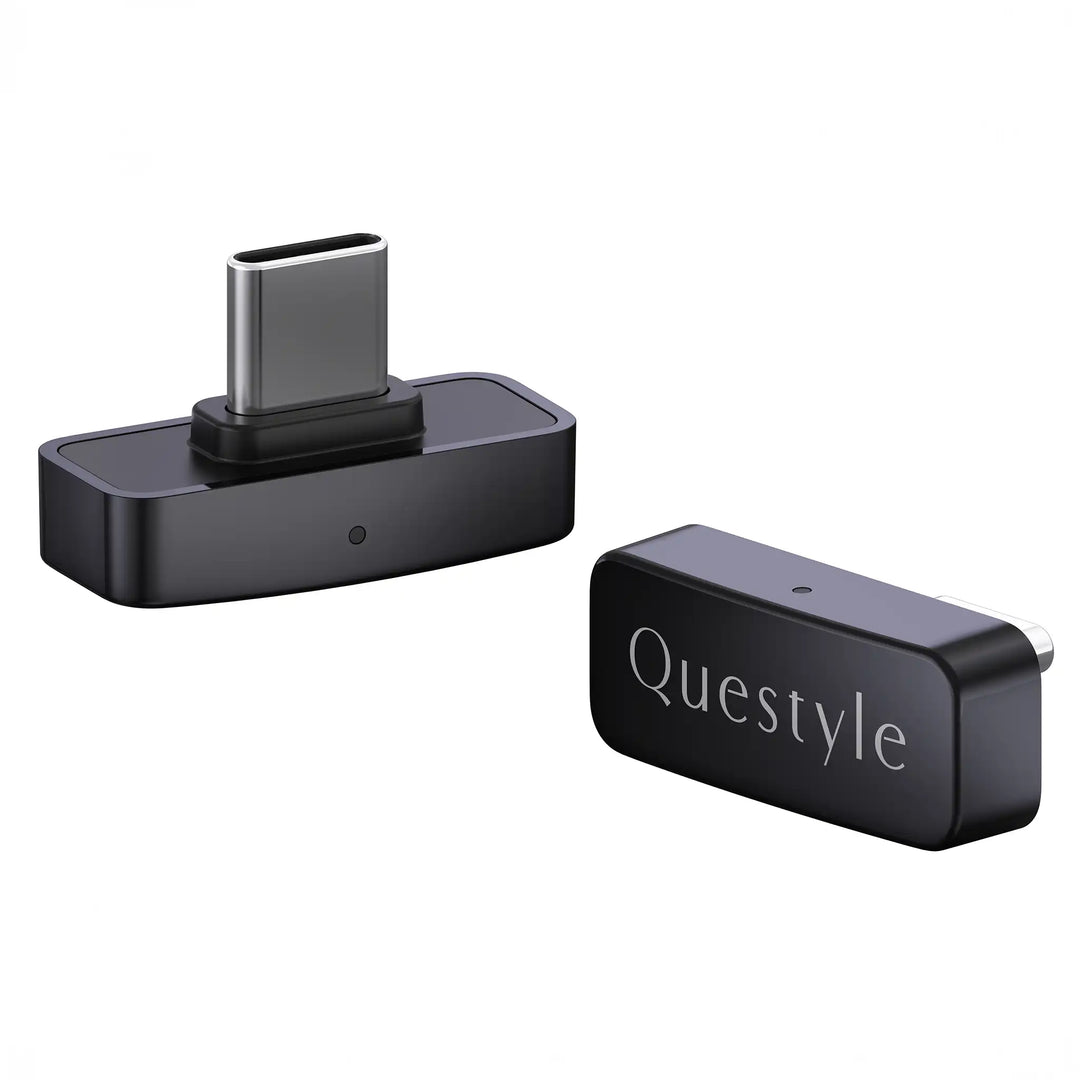 Questyle QCC Dongle Pro x2 sitting front right 3 quarter angle and front left 3 quarter angle whitebox