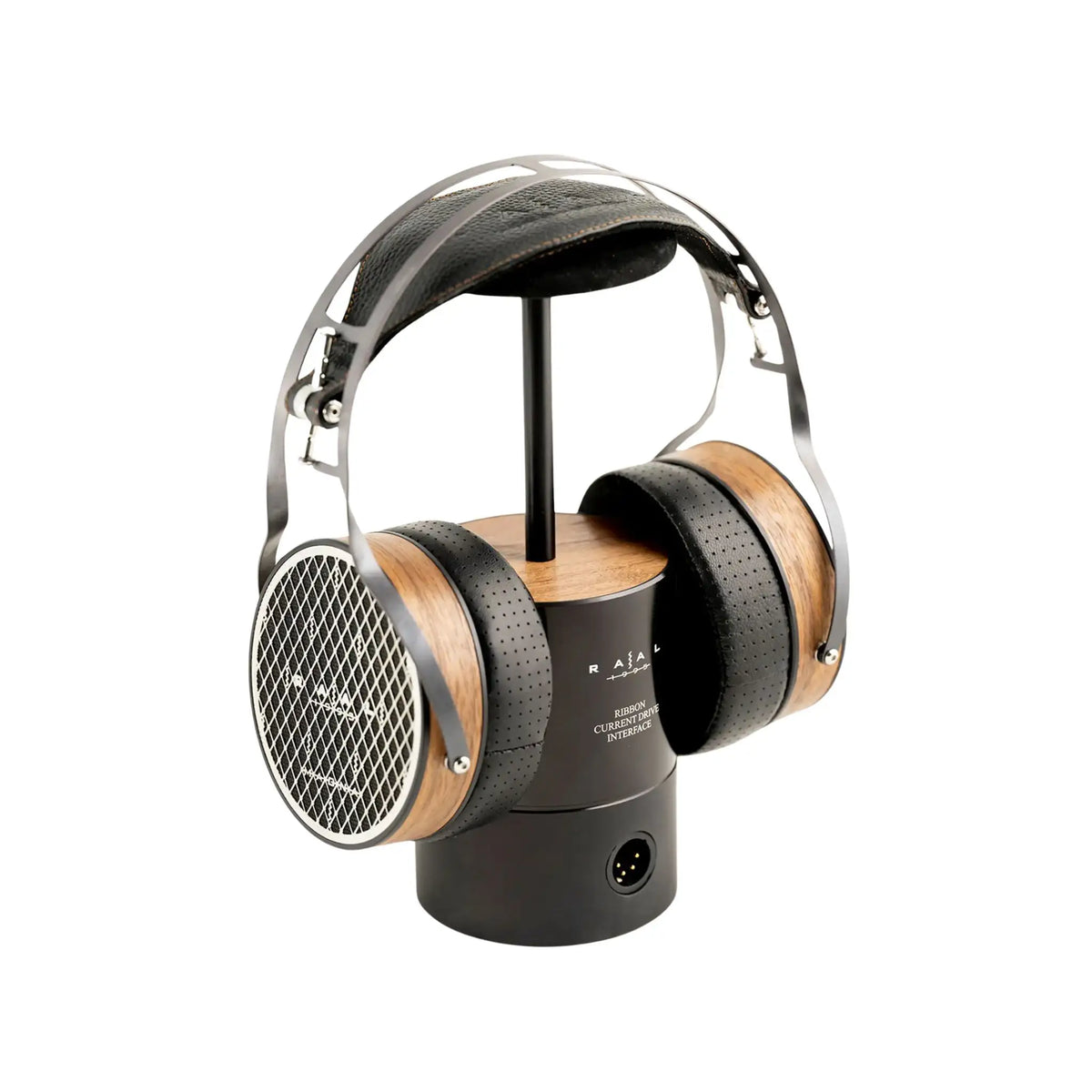 Raal 1995 Magna headphones sitting on Ribbon interface stand front left 3 quarter angle whitebox