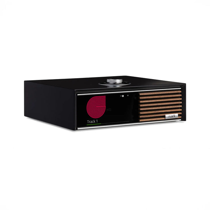 Ruark Audio R610 console in charcoal walnut front left 3 quarter whitebox