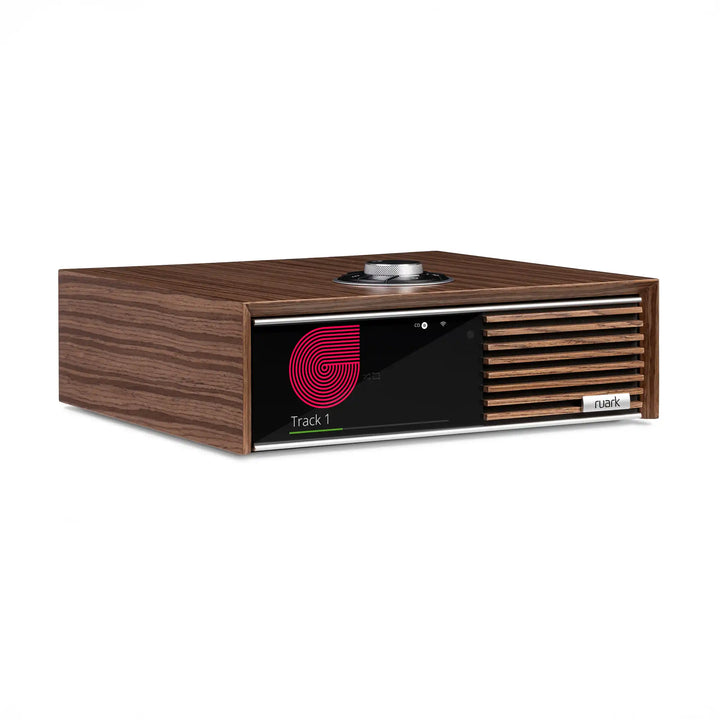 Ruark Audio R610 console in walnut front left 3 quarter whitebox