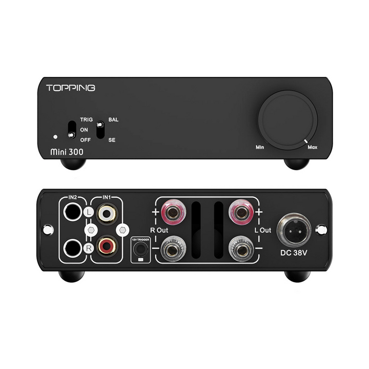 Topping Mini 300 amplifier in black front and rear view center whitebox