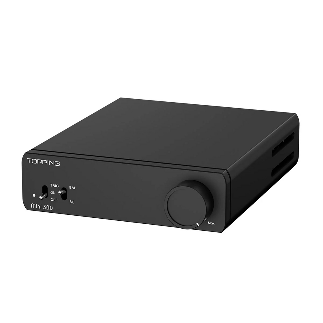 Topping Mini 300 amplifier in black front right 3 quarter whitebox
