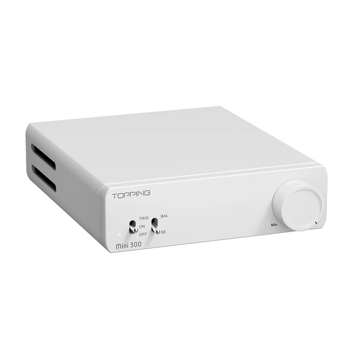 Topping Mini 300 amplifier in white front left 3 quarter whitebox