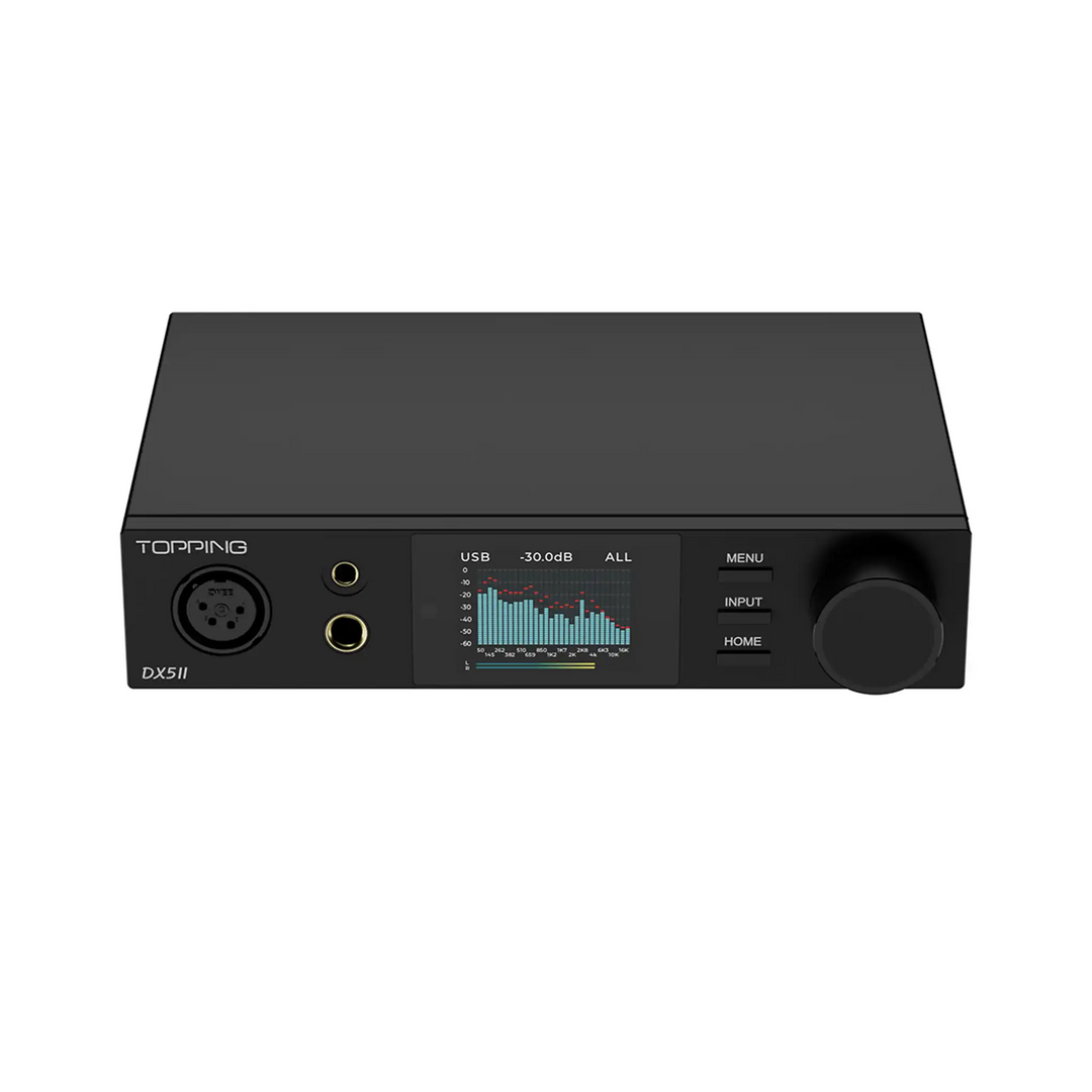 Topping DX5 II dac and amp in black sitting front top down angle whitebox