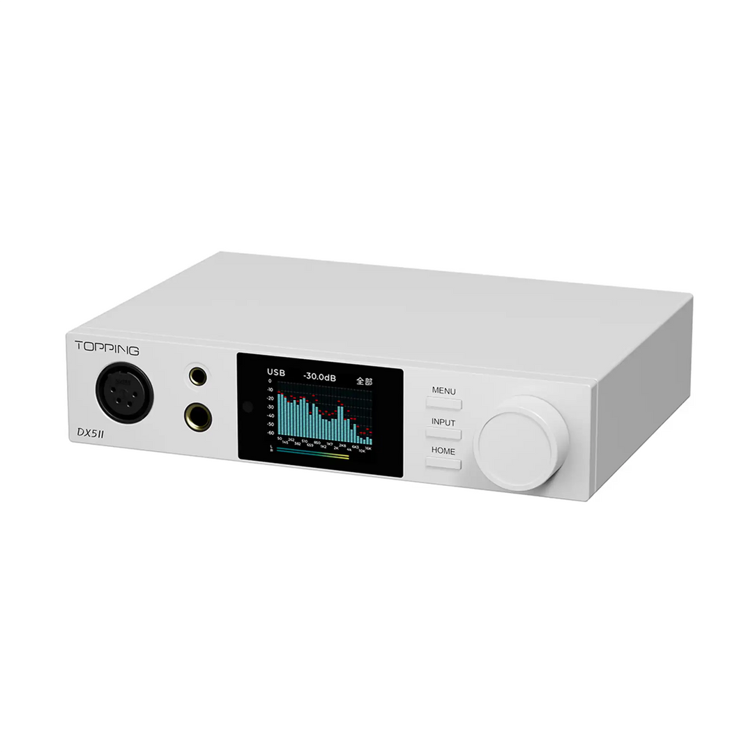 Topping DX5 II dac and amp in white sitting front right 3 quarter angle whitebox