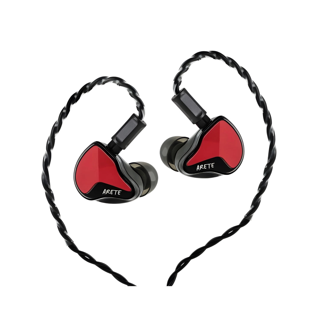 ZiiGaat Arete II IEMS in red attached to cable front view whitebox
