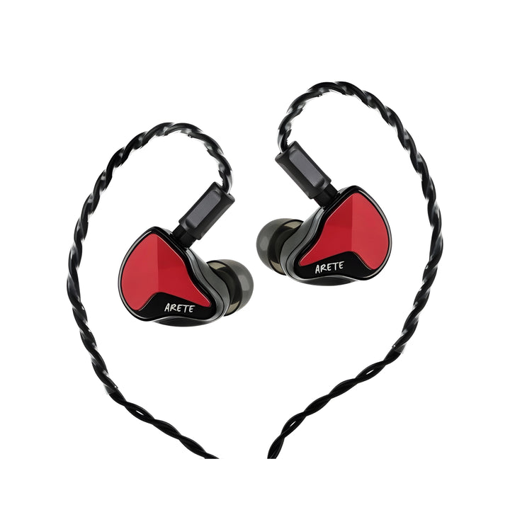 ZiiGaat Arete II IEMS in red attached to cable front view whitebox