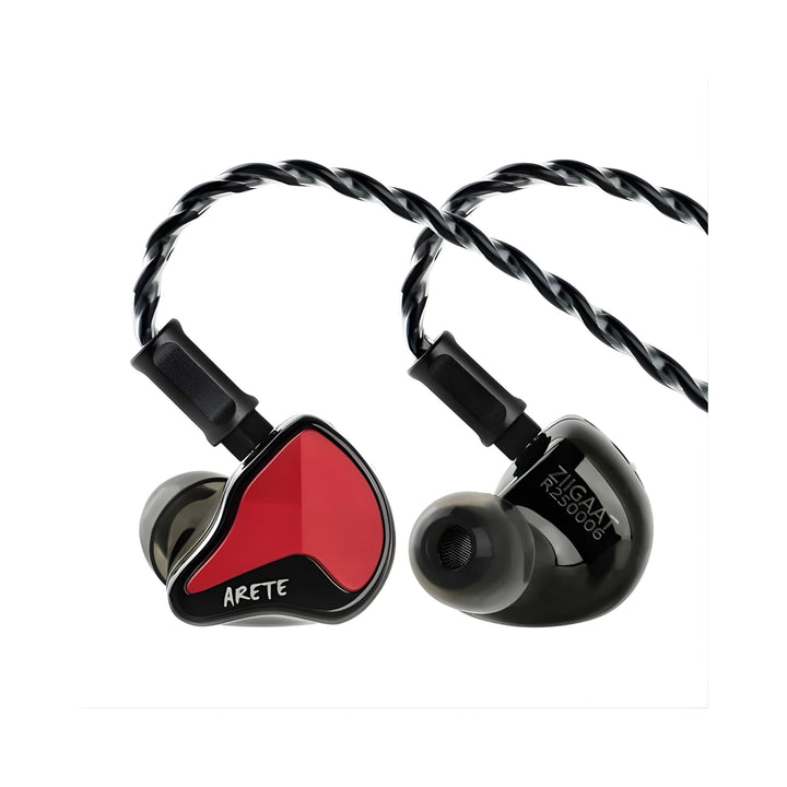 ZiiGaat Arete II IEMS in red attached to cable front and rear view whitebox