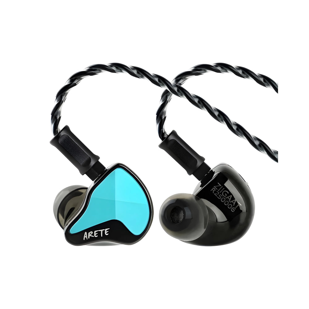ZiiGaat Arete II IEMS blue attached to cable front and rear view whitebox