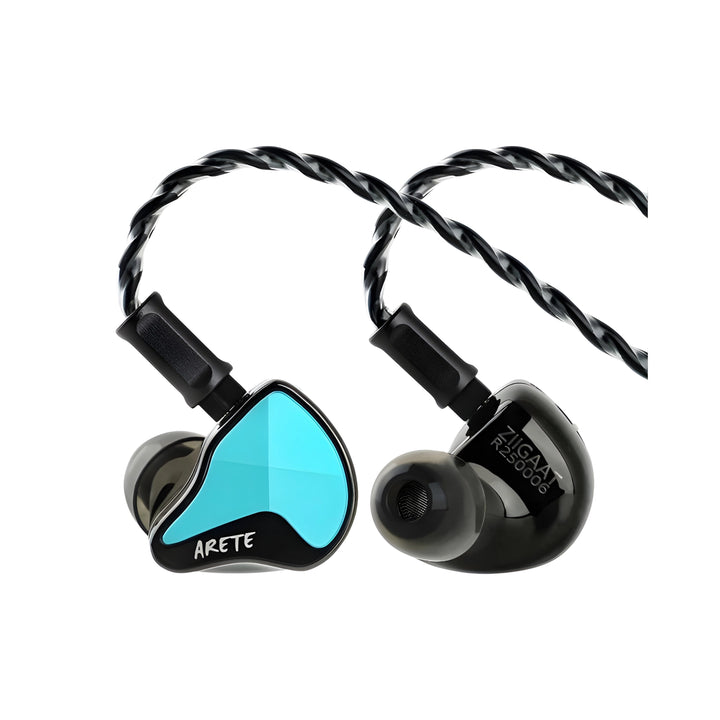 ZiiGaat Arete II IEMS blue attached to cable front and rear view whitebox
