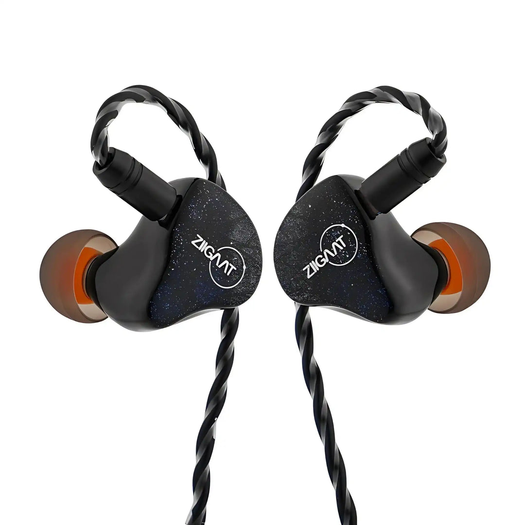 ZiiGaat Lush IEMs in blue front facing inward with cable attached