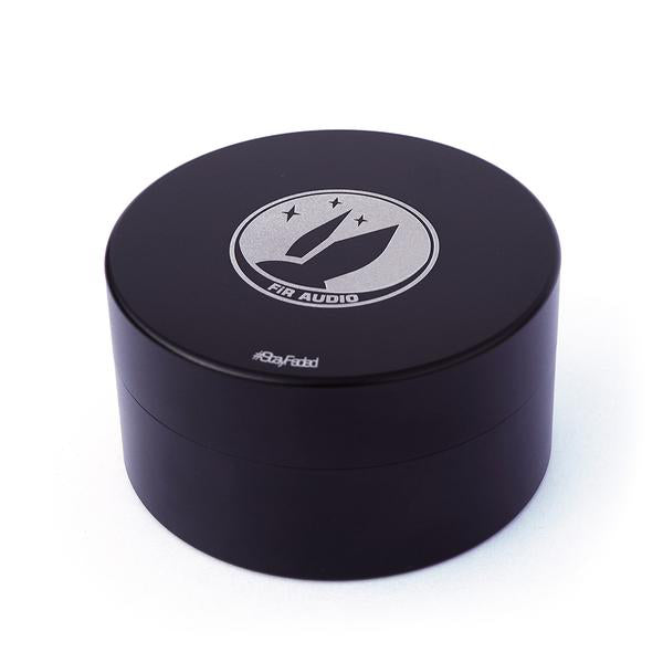 FiR Audio aluminum round IEM case over white background