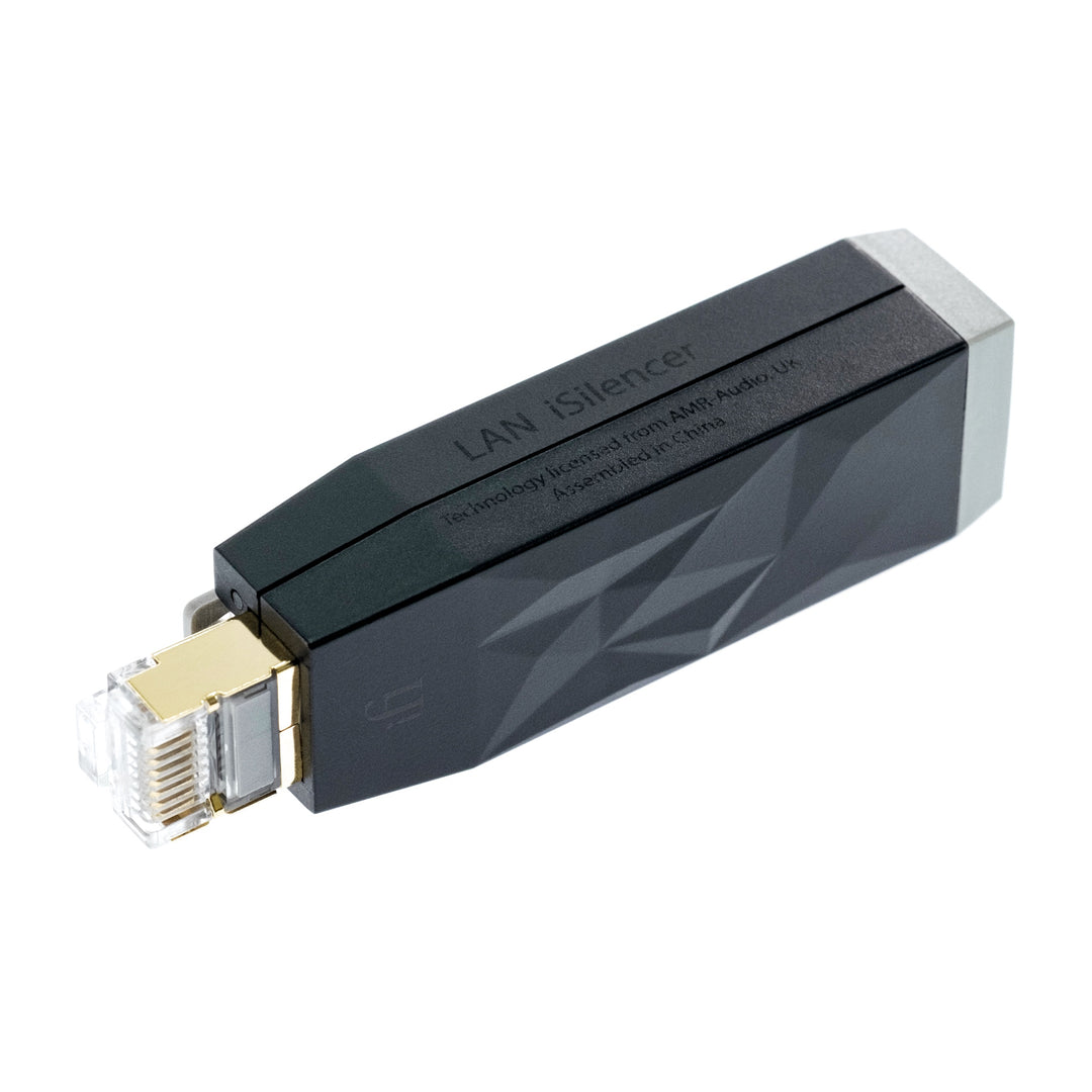 iFi LAN Silencer side quarter over white background