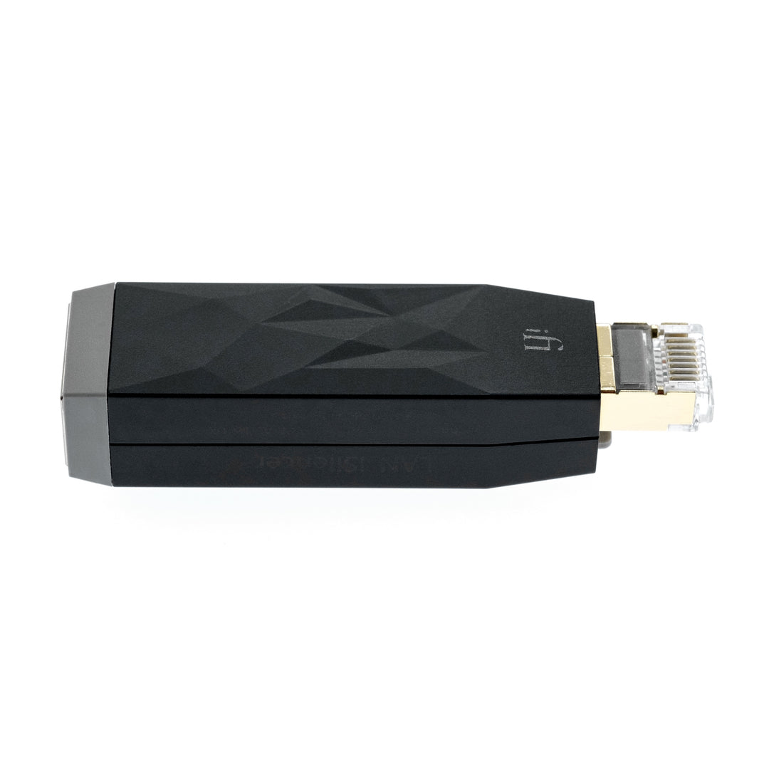 iFi LAN Silencer profile quarter over white background