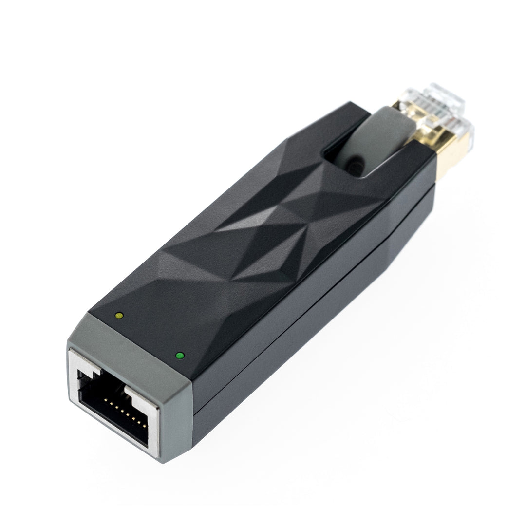 iFi LAN Silencer top quarter highlighting female RJ45 over white background